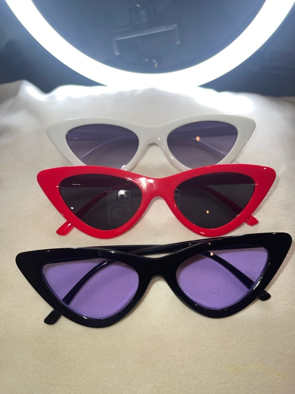 Bundle of 3 Retro Cat Eye Sunglasses - White, Red & Black Styles